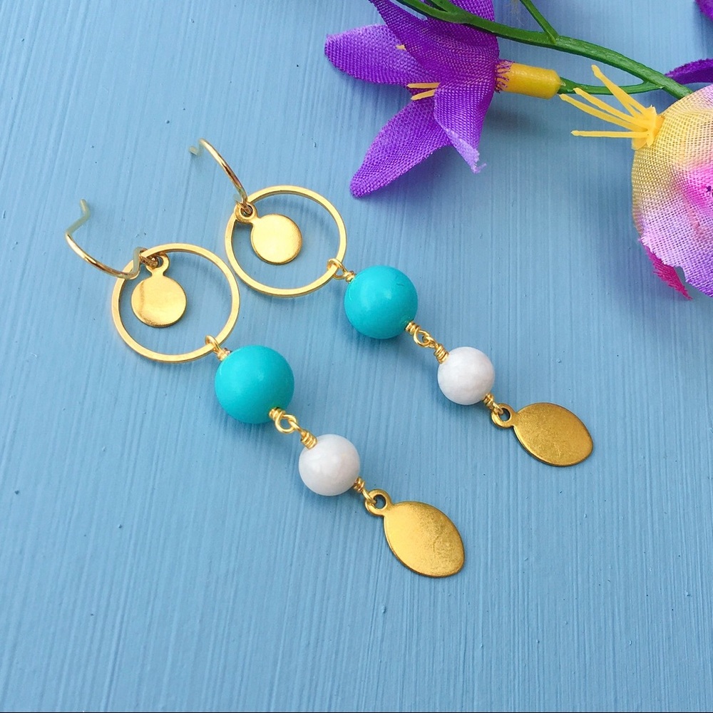 Gemstones and Brass Disc On Gold Plated Earrings